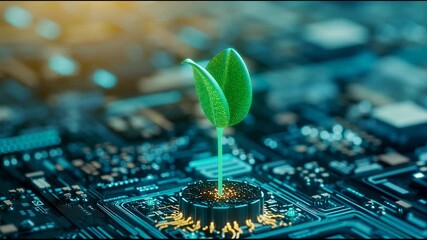 Poster - Green plant sprouting glowing circuit board symbolizing digital growth technology innovation and futuristic electronic board