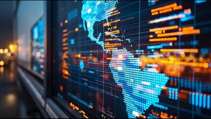 Poster - Glowing digital world map interface with data points showing global technology and connectivity bright blue and orange