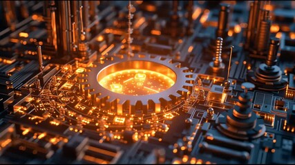 Poster - Glowing gear mechanism integrated into futuristic electronic circuit board with advanced technology and illuminated components