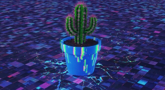 Cactus in pot against digital grid background