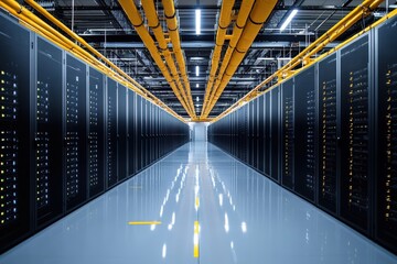 Poster - A symmetrical data center aisle with rows of black server racks, yellow overhead pipes, and bright ceiling lights reflected on a polished floor.
