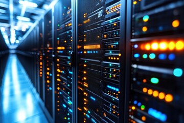 Poster - A row of illuminated server racks in a modern data center with glowing LED lights and a futuristic blue ambiance.