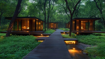 Wall Mural - modern glass cabins in a lush forest connected by an illuminated wooden walkway over a small stream 