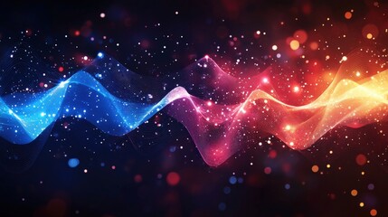 Poster - A vibrant abstract wave of blue, pink, and orange light particles against a dark background, symbolizing energy and digital flow.