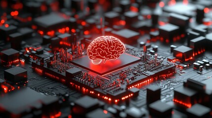 Poster - A glowing red brain icon hovers over a futuristic black and red circuit board, symbolizing artificial intelligence and advanced computing technology.