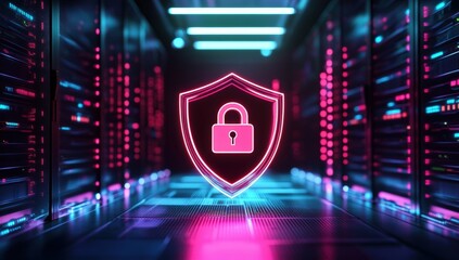 Poster - A glowing pink shield with a lock icon hovers in a futuristic server room, symbolizing cybersecurity and data protection.