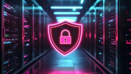Poster - A glowing neon shield with a lock icon floats in a futuristic data center corridor, symbolizing cybersecurity and data protection.