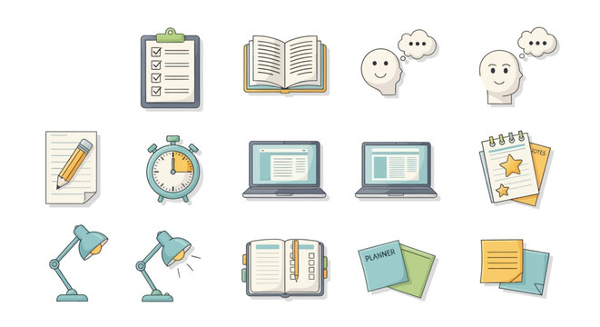 Vector icon set for school, office, and business web symbols including computer, phone, calendar, book, and document signs