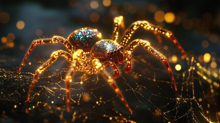 Glimmering, golden spider sits in its glowing web, dark background