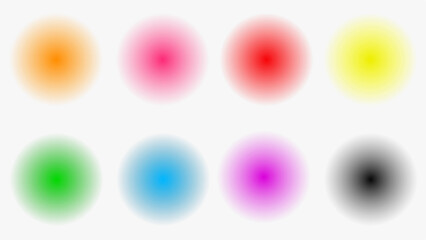 Set round blur faded circle colors, Red yellow blue pink orange purple green black, Iridescent radial blurry shape pack for element, poster, banner, leaflet, brochure.