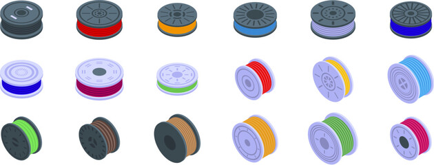Poster - Filament spool icons set. Colorful plastic filament spools used in 3d printing with fdm technology, showcasing a variety of colors and spool positions