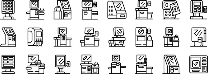 Poster - Electronic checkout terminal icons set. Collection of various atm icons in a simple line art style