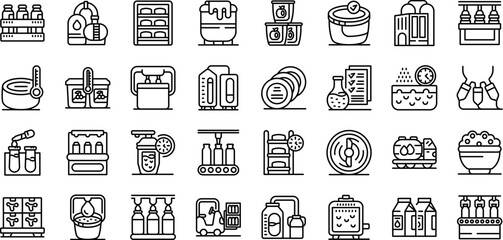 Poster - Dairy processing icons set. Icons depict various stages of milk processing, from storage tanks and quality control to automated bottling lines and packaging