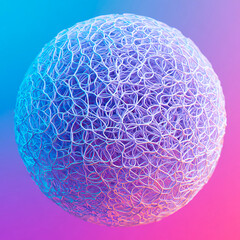 Poster - Abstract spherical structure made of intertwined glowing lines with blue and pink gradient background, representing complex networks, futuristic technology, and digital connectivity