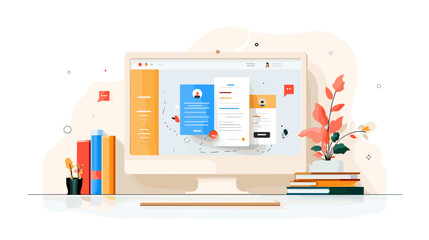 Digital workspace on computer with colorful interface and books 