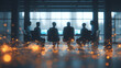 © justholla - Silhouettes of five business professionals seated at a conference table with laptops, connected by glowing digital network lines, symbolizing collaboration and technology integration