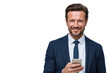© The Stock Guy - Smiling Executive manager holding a smartphone, looking confident and professional, isolated on transparent background