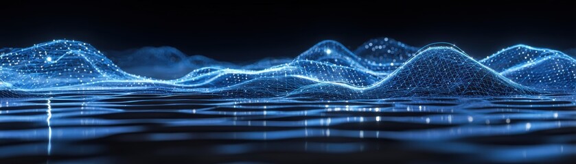 Poster - A digital blue wave pattern with glowing nodes and lines forms an abstract futuristic landscape against a dark background, virtual AI water mesh