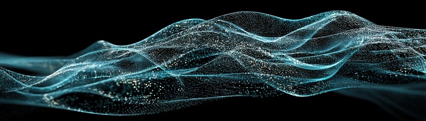 Poster - Abstract digital wave of glowing blue particles flowing against a black background, creating a futuristic and dynamic visual effect, ai neutral network by a virtual AI water mesh