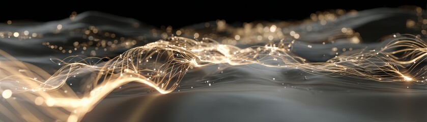 Poster - Abstract digital waves with glowing light strands and particles flow smoothly over a dark, reflective surface, creating a futuristic and dynamic visual effect, virtual AI water mesh