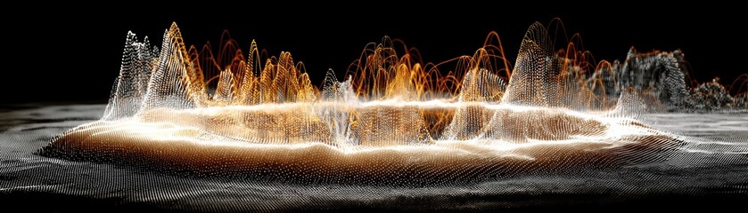 Poster - A digital 3D wireframe landscape with luminous peaks and valleys, glowing in warm tones against a black background, evoking futuristic data visualization, virtual AI water mesh