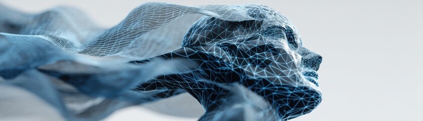 Poster - A digital wireframe of a human face emerges from abstract flowing lines, blending technology with art in a futuristic and dynamic composition, virtual AI water mesh