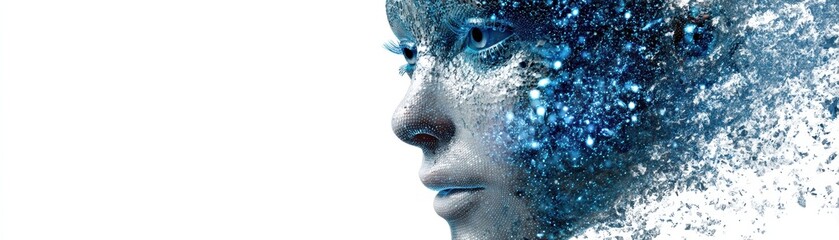 Poster - A digital artwork of a human face dissolving into particles, virtual water mesh morphing, symbolizing technology, data, and transformation, virtual AI water mesh