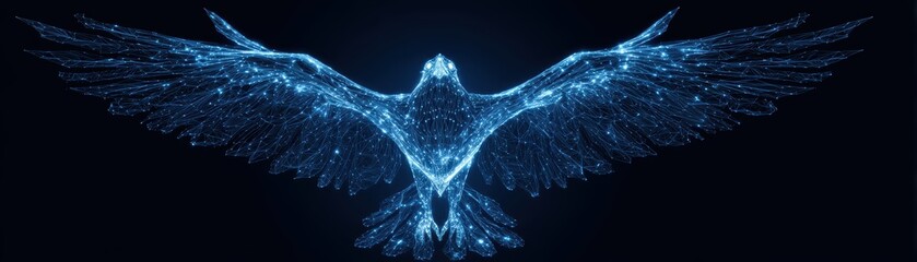 Poster - A glowing, digital-style bird with outstretched wings appears against a dark background, composed of blue light lines and dots, virtual AI water mesh