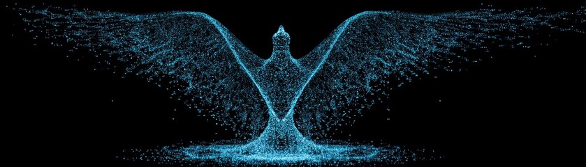 Poster - A digital illustration of a bird formed by glowing blue particles spreading its wings against a black background, virtual AI water mesh