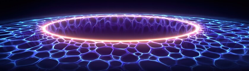 Poster - A glowing neon ring encircles a honeycomb-patterned surface as a glowing intelligent portal, digital sci-fi ambiance with purple and blue hues, virtual AI water mesh
