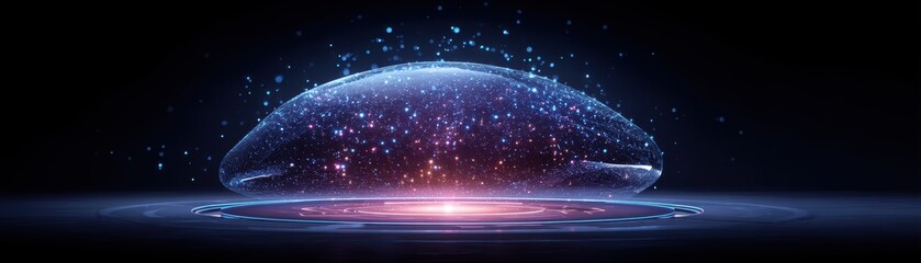 Poster - A glowing, futuristic dome made of blue digital particles hovers above a glowing circular platform in a dark as a glowing intelligent portal, virtual AI water mesh