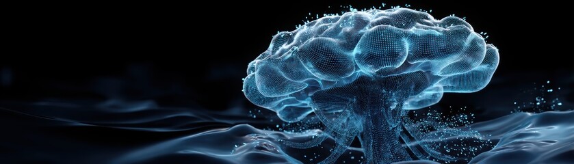 Poster - A digital, blue-hued neural network brain representation with a flowing, wave-like ripple background, symbolizing artificial intelligence and futuristic technology, virtual AI water mesh
