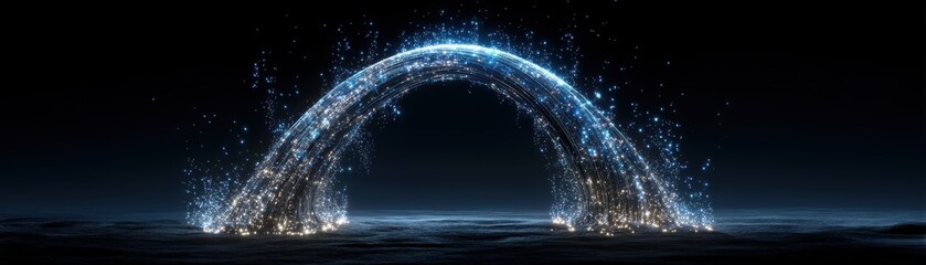 Poster - A glowing, digital water arch forms over a dark surface, emitting sparkling particles and light trails in a futuristic and dynamic display, virtual AI water mesh