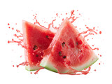 Watermelon slices splashing with juice, isolated on a white background