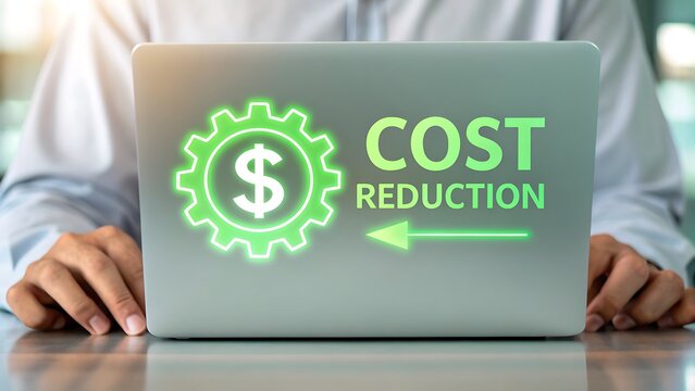Laptop displaying cost reduction graphic with dollar sign gear and arrow