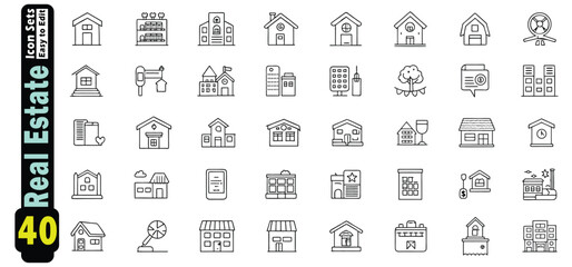 Poster - Collection of 40 black and white real estate icons in a grid icon set building