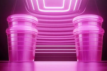 Leinwandbilder - Stacked vibrant magenta containers in a futuristic setting.