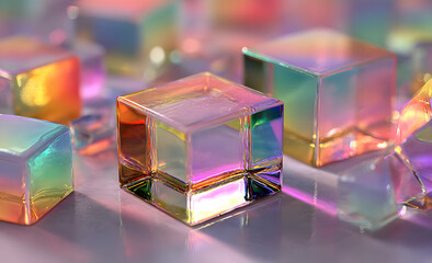 Poster - 3d glass holographic transparent square plate shapes on pastel macro background. Abstract geometric blocks with rainbow color gradient, dispersion light render. Digital tech banner. 3D illustration