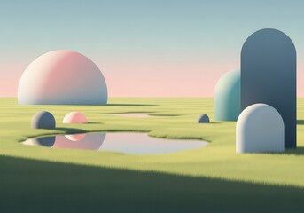 Poster - Serene Minimalist Meadow - A illustration depicting a tranquil grassy field, featuring smooth pastel-colored geometric shapes reflecting in calm puddles.