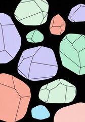 Poster - Pastel Gemstone Pattern - Abstract background of pastel colored geometric shapes resembling gemstones on a black background. Ideal for design, prints, and branding