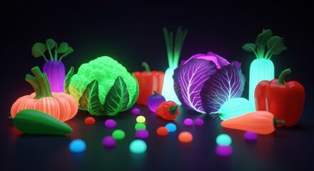 Poster - Neon Glow Vegetables - Futuristic still life of vibrant, glowing vegetables in neon colors. Symbolizing: health, technology, innovation, nature, and the future of food