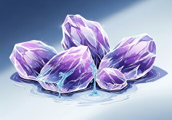 Poster - Icy Purple Crystals in Water - Sparkling purple crystals, glistening with icy texture, rest in a pool of clear water. Symbolizing purity, transformation, energy, serenity, and mystery