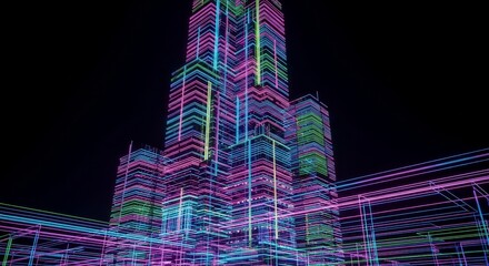 Poster - Glowing Linescape: A Modern Metropolis - Futuristic city skyline, vibrant neon lines, abstract architecture, technological advancement, urban development