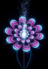 Poster - Glowing Fractal Flower - A vibrant fractal flower with pink and blue glowing petals against a black background. Sparkling particles rise from its center