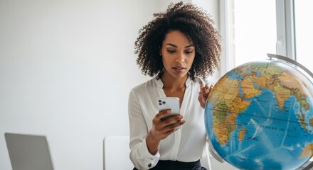 Poster - Global Reach: Connecting Through Technology - A black woman uses a smartphone near a globe, symbolizing global communication, international business, connectivity, world exploration, and human