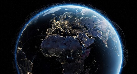 Poster - Global Network Connections Illuminated - A globe showcasing interconnected continents, vibrant city lights, and glowing network pathways symbolizing global communication, technology, and unity.