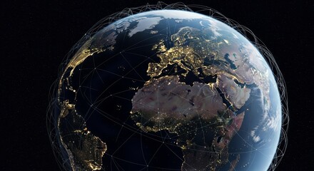Poster - Global Network Connections - Illuminated Earth globe showcasing interconnectedness via glowing lines, representing global communication and networking