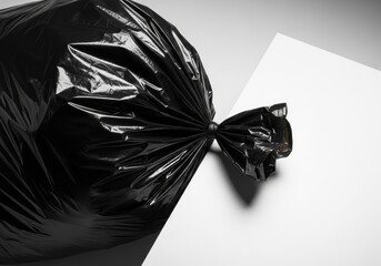 Poster - Black Refuse Bag on White Background - A shiny black garbage bag spills onto a pristine white surface, symbolizing waste, contrast, disposal, cleanliness, and hidden content