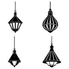 Poster - Four hanging vintage lamps with varying designs and shapes in black and white illustration style art