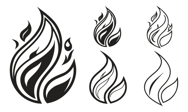 Stylized flame icons in a clean 4x4 layout, each flame rendered in black and white with smooth curves